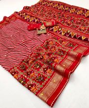 Classic Red Patola Print Pashmina Silk Saree With Mirror - Red