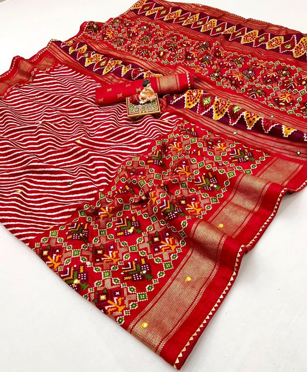 Classic Red Patola Print Pashmina Silk Saree With Mirror