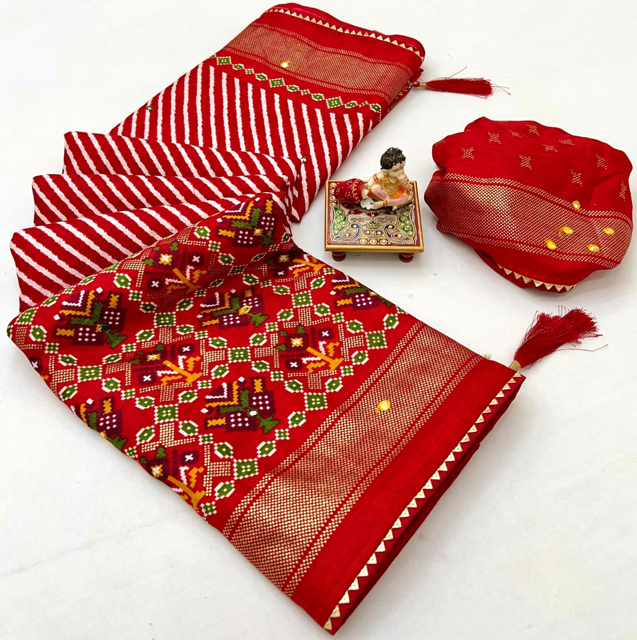 Classic Red Patola Print Pashmina Silk Saree With Mirror