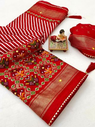 Classic Red Patola Print Pashmina Silk Saree with Mirror