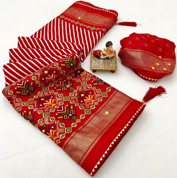 Classic Red Patola Print Pashmina Silk Saree With Mirror