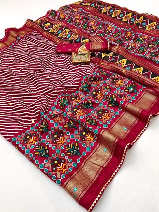 Red Patola Border Pashmina Silk Saree With Printed Pallu