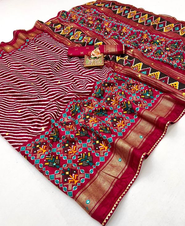 Red Patola Border Pashmina Silk Saree With Printed Pallu