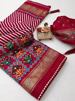 Red Patola Border Pashmina Silk Saree with Printed Pallu