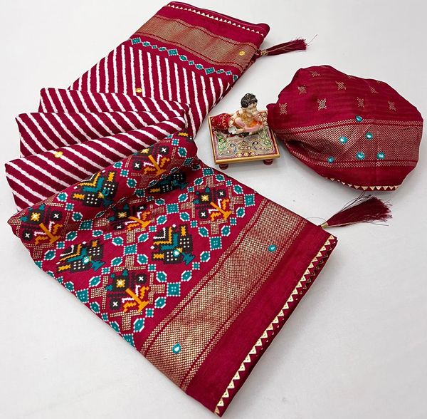 Red Patola Border Pashmina Silk Saree With Printed Pallu