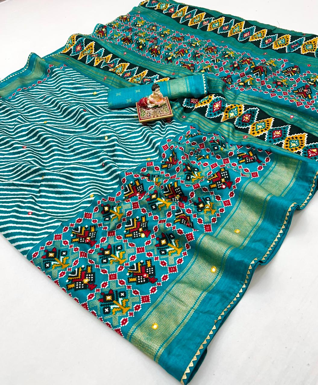 Teal Patola Border Pashmina Silk Saree With Mirror Work