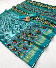 Teal Patola Border Pashmina Silk Saree With Mirror Work - Teal