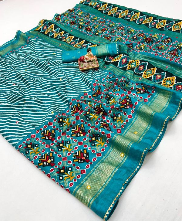 Teal Patola Border Pashmina Silk Saree With Mirror Work