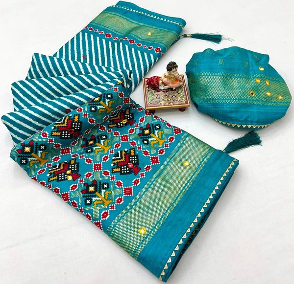 Teal Patola Border Pashmina Silk Saree With Mirror Work