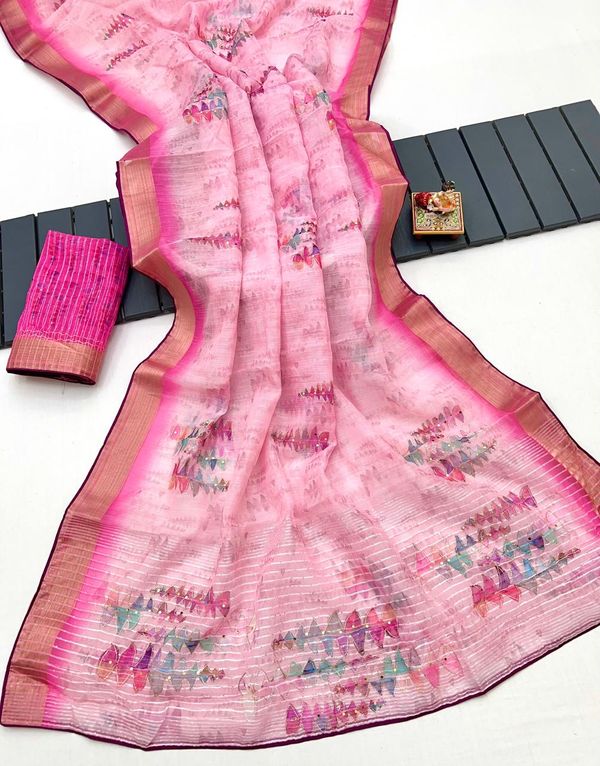 Pink Organza Cotton Silk Saree With Thread & Sequin Work