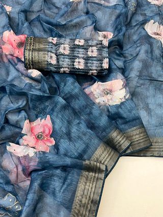 Blue Petal Digital Print Organza Cotton Silk Saree