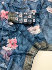 Blue Petal Digital Print Organza Cotton Silk Saree - Blue