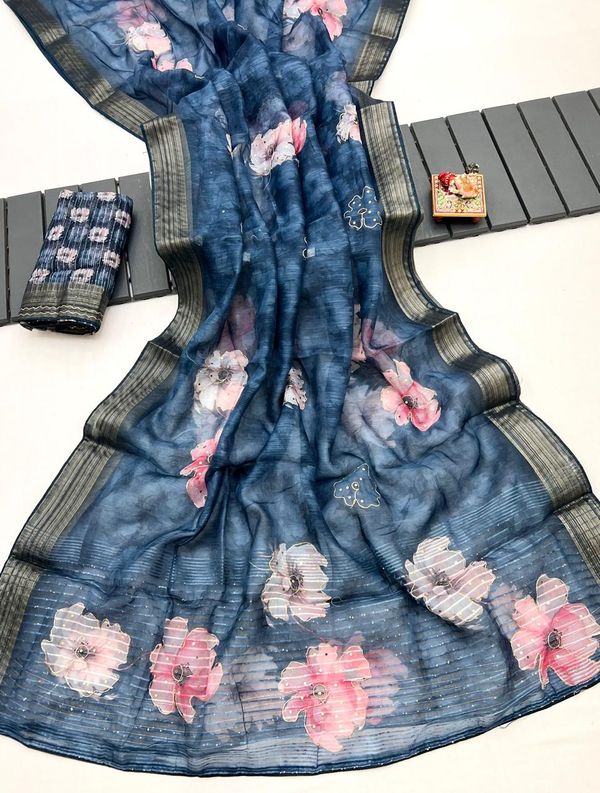 Blue Petal Digital Print Organza Cotton Silk Saree