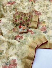 Cream Organza Cotton Silk Saree With Thread & Sequin Work - Cream