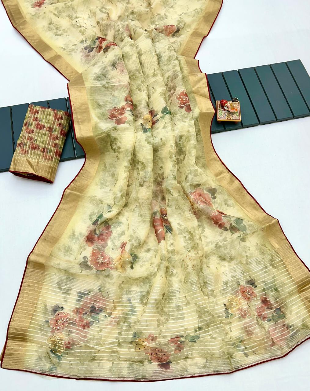 Cream Organza Cotton Silk Saree With Thread & Sequin Work