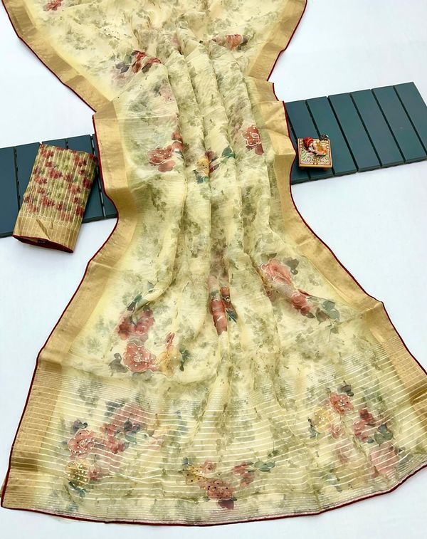 Cream Organza Cotton Silk Saree With Thread & Sequin Work