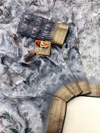 Elegant Grey Floral Organza Cotton Silk Saree