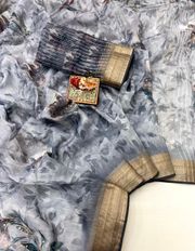 Elegant Grey Floral Organza Cotton Silk Saree - Gray / Grey