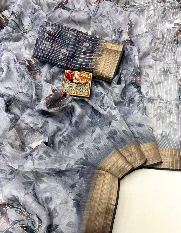 Elegant Grey Floral Organza Cotton Silk Saree