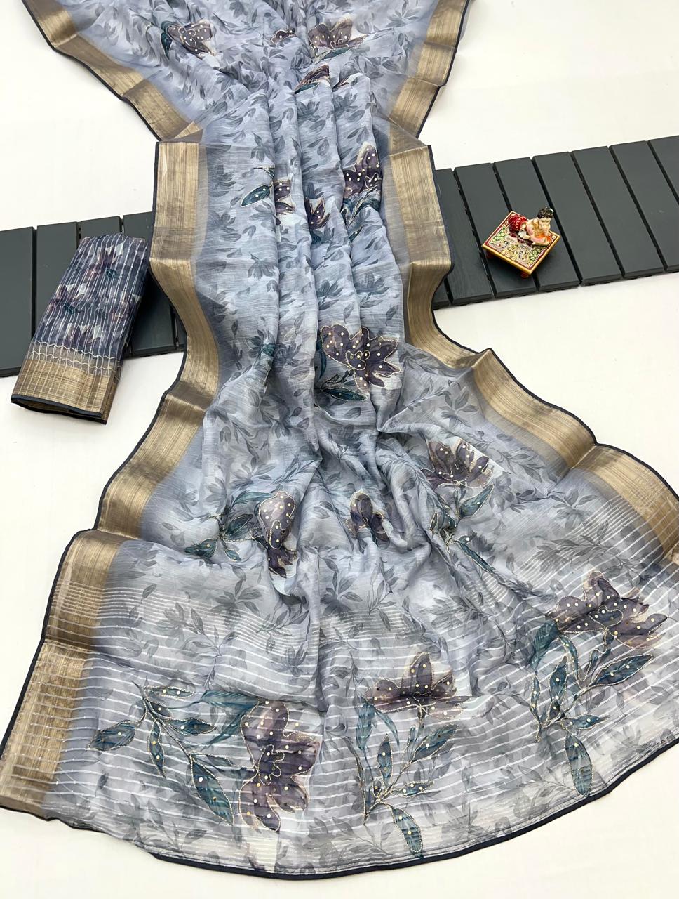 Elegant Grey Floral Organza Cotton Silk Saree
