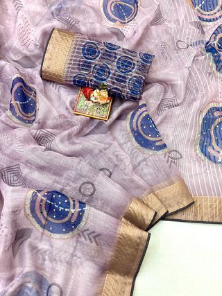 Lavender Organza Cotton Silk Saree With Thread Work