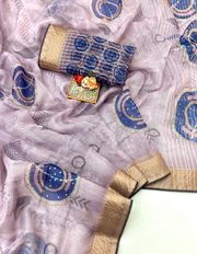 Lavender Organza Cotton Silk Saree With Thread Work - Lavender