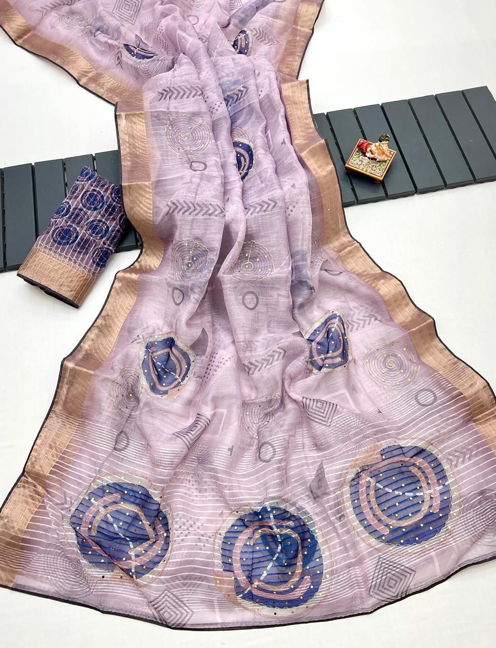 Lavender Organza Cotton Silk Saree With Thread Work