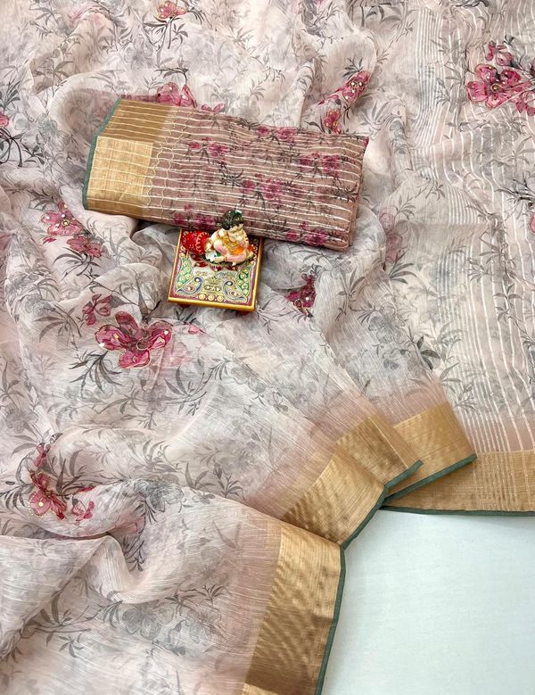 Elegant Blush Beige Organza Silk Festive Saree