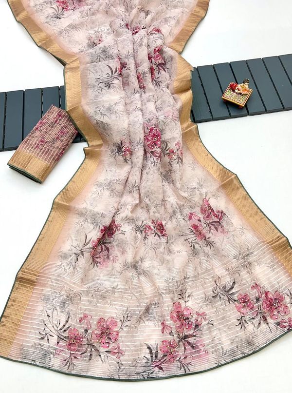 Elegant Blush Beige Organza Silk Festive Saree