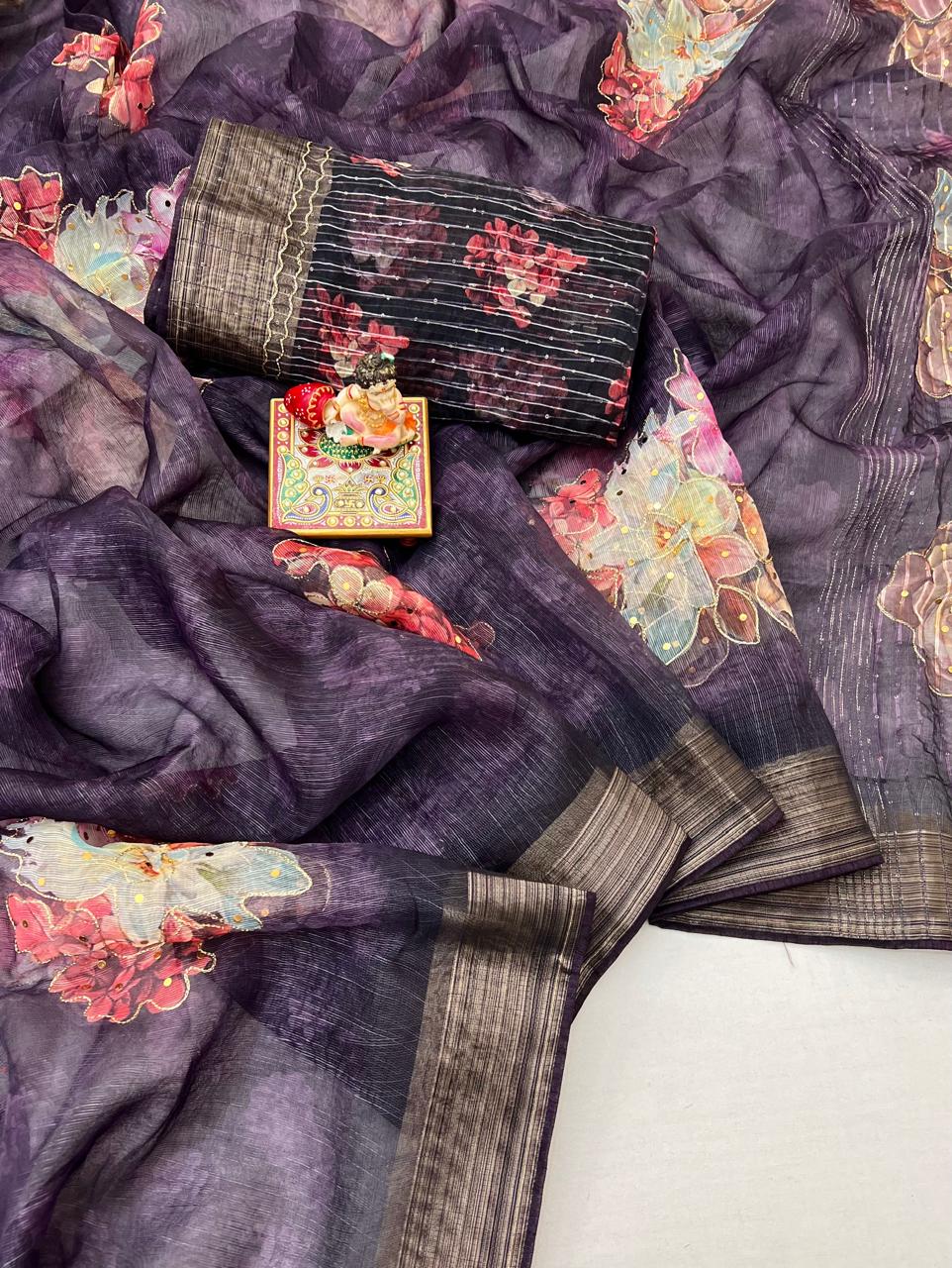 Royal Wine Floral Organza Cotton Silk Designer Saree