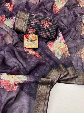 Royal Wine Floral Organza Cotton Silk Designer Saree