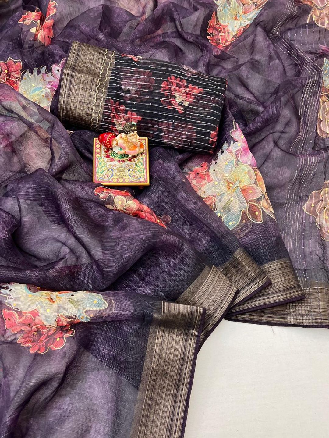 Royal Wine Floral Organza Cotton Silk Designer Saree