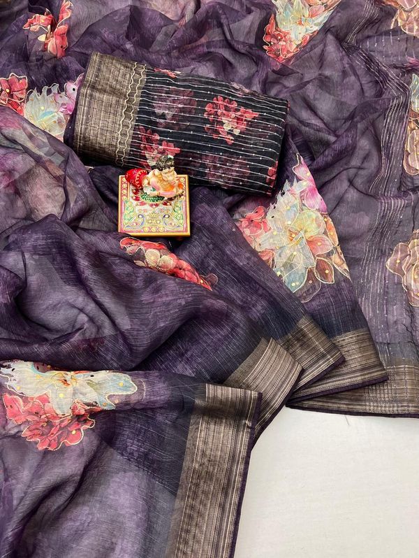 Royal Wine Floral Organza Cotton Silk Designer Saree