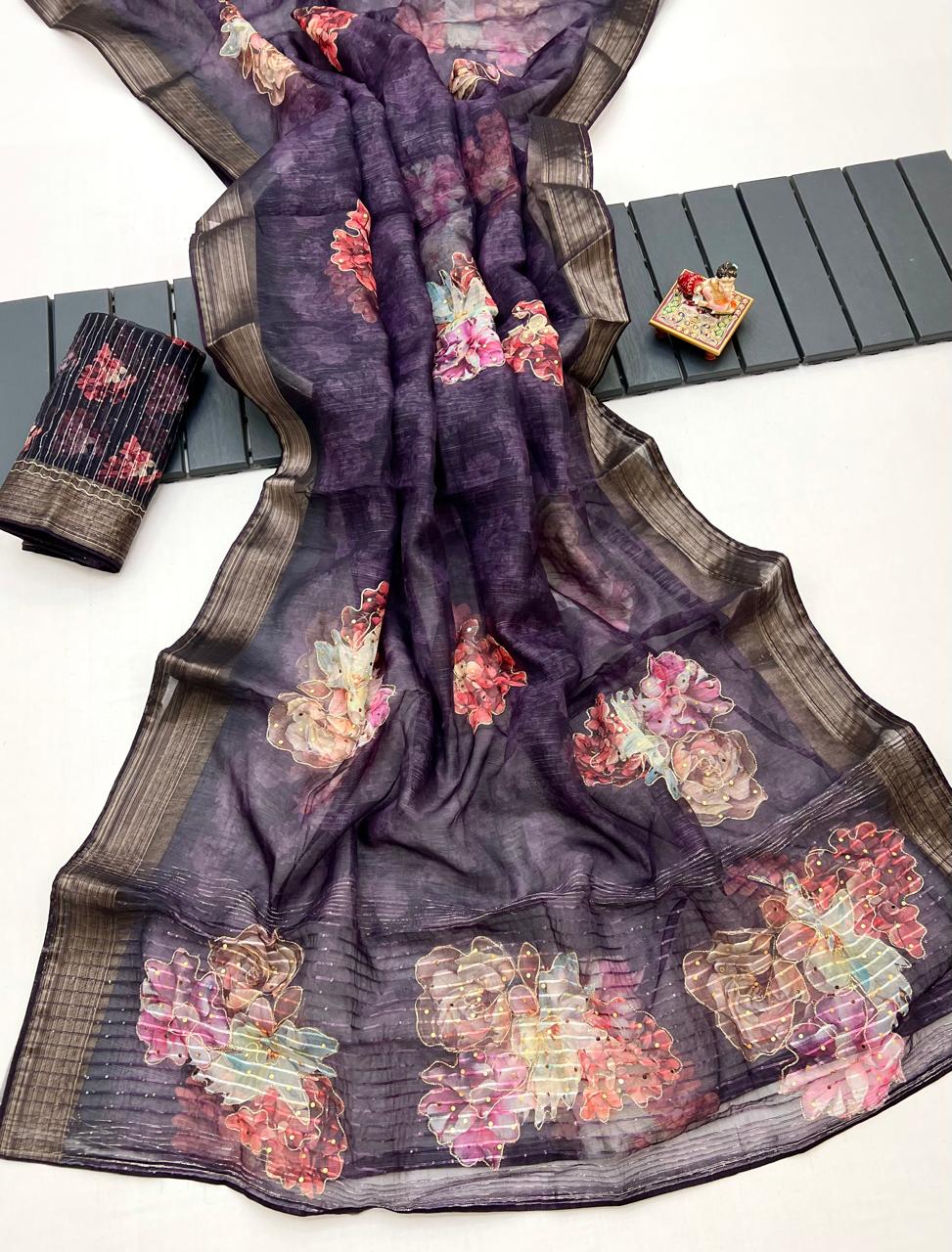 Royal Wine Floral Organza Cotton Silk Designer Saree