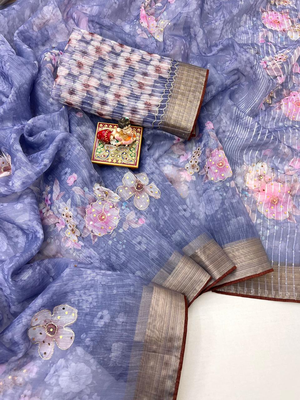 Periwinkle Blue Organza Cotton Silk Saree With Sequin