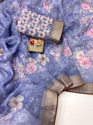 Periwinkle Blue Organza Cotton Silk Saree with Sequin