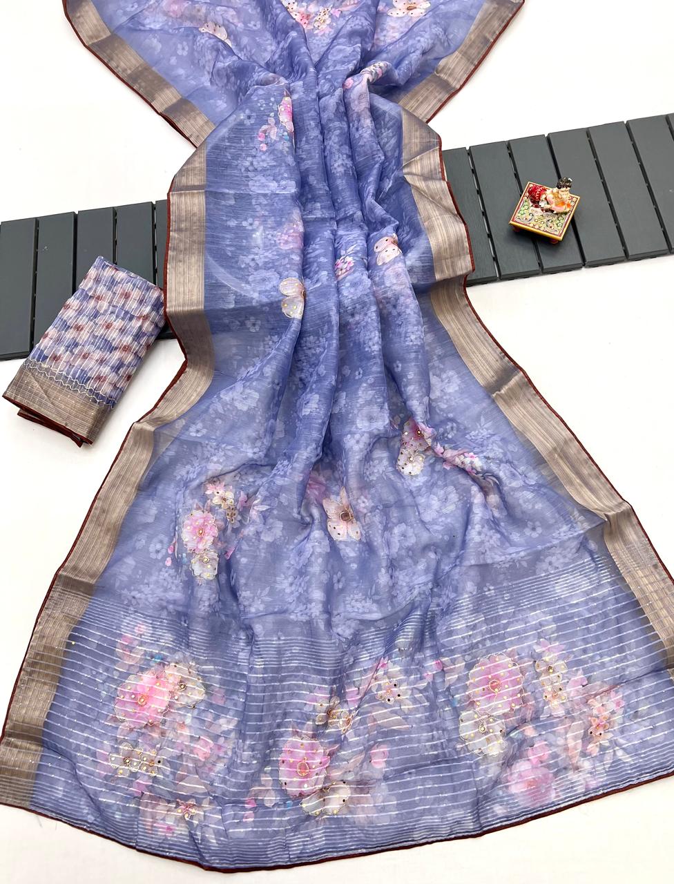 Periwinkle Blue Organza Cotton Silk Saree With Sequin