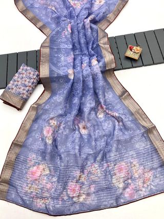 Periwinkle Blue Organza Cotton Silk Saree with Sequin