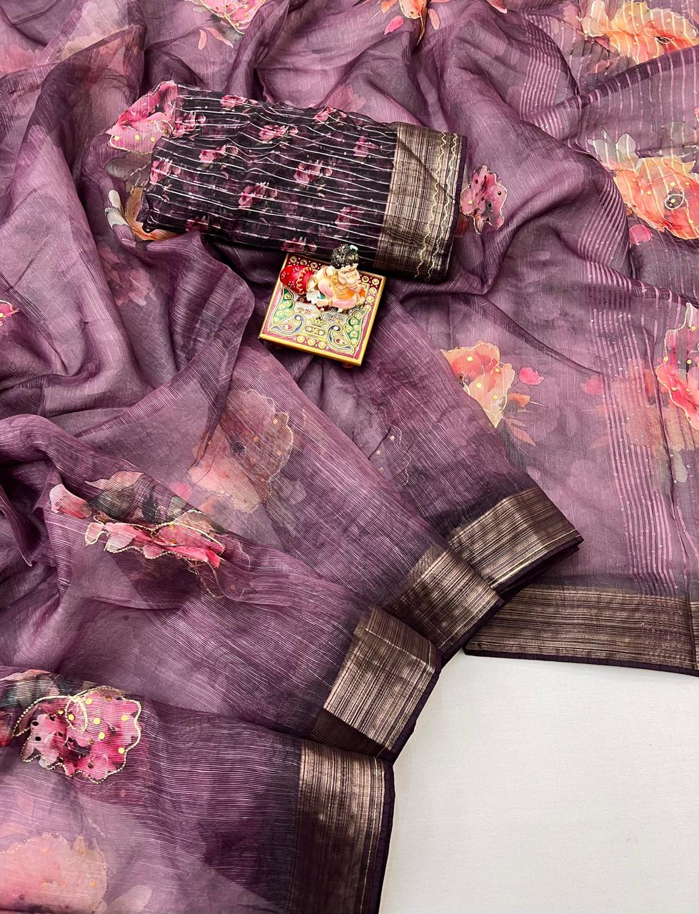 Plum Floral Digital Print Organza Cotton Silk Saree