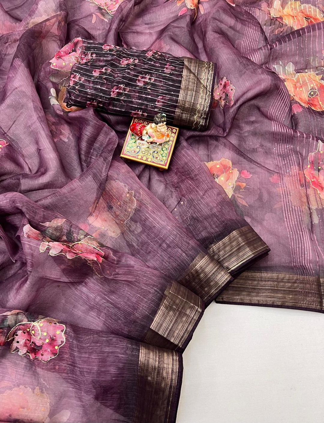 Plum Floral Digital Print Organza Cotton Silk Saree
