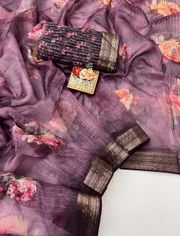 Plum Floral Digital Print Organza Cotton Silk Saree - wine