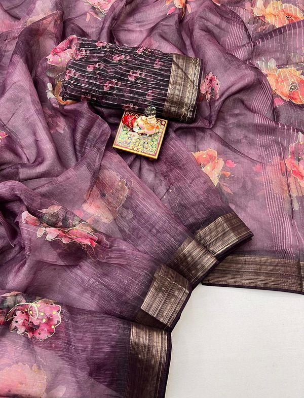 Plum Floral Digital Print Organza Cotton Silk Saree