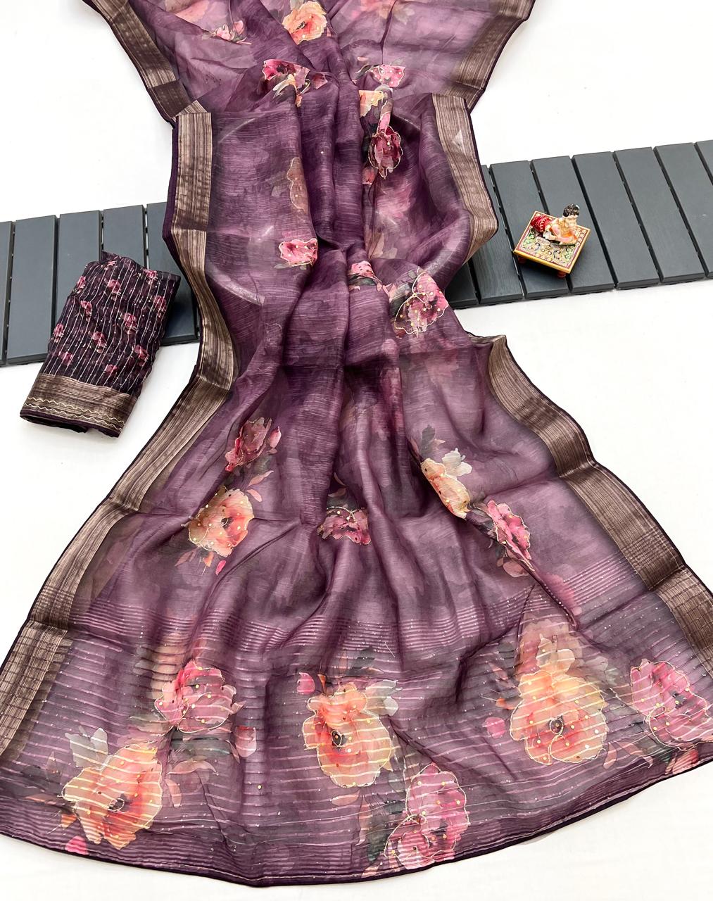 Plum Floral Digital Print Organza Cotton Silk Saree