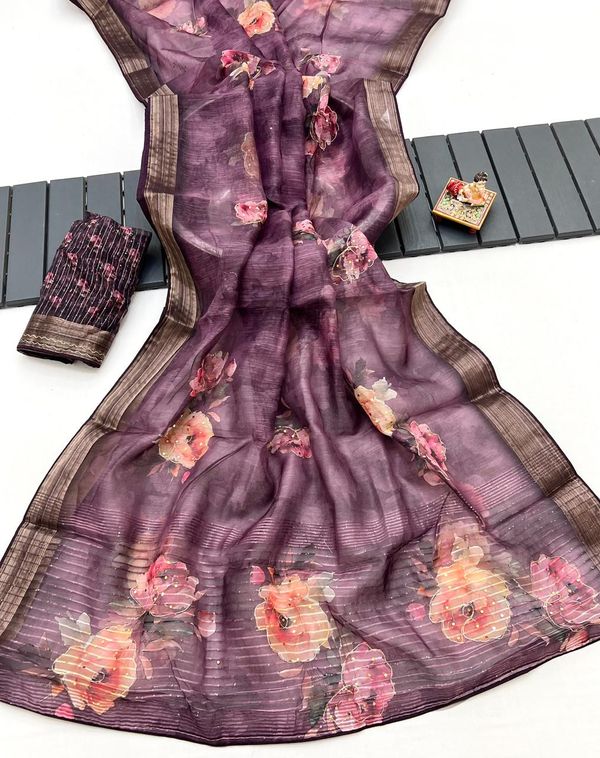 Plum Floral Digital Print Organza Cotton Silk Saree