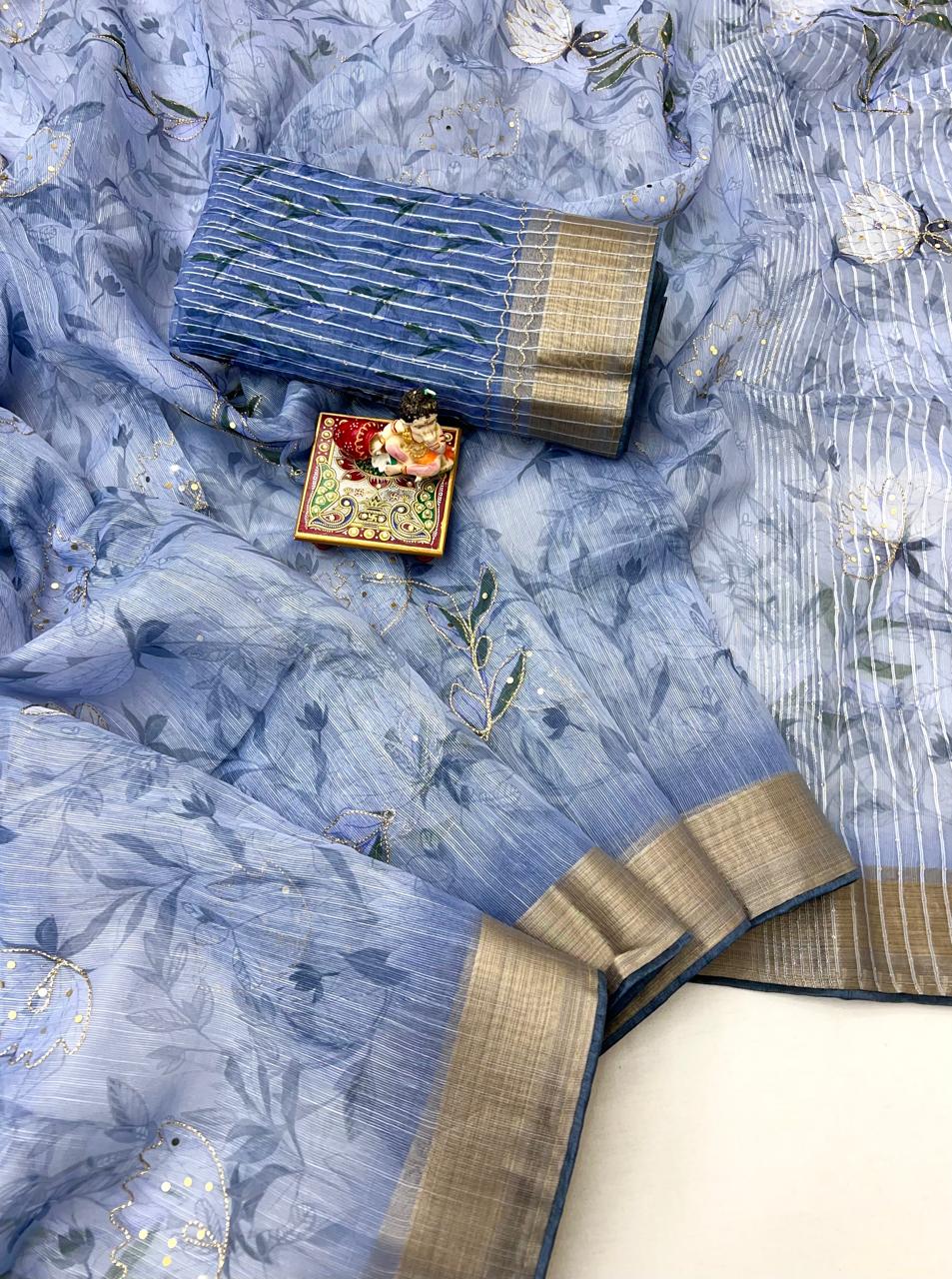 Sky Blue Organza Cotton Silk Saree With Sequin Work