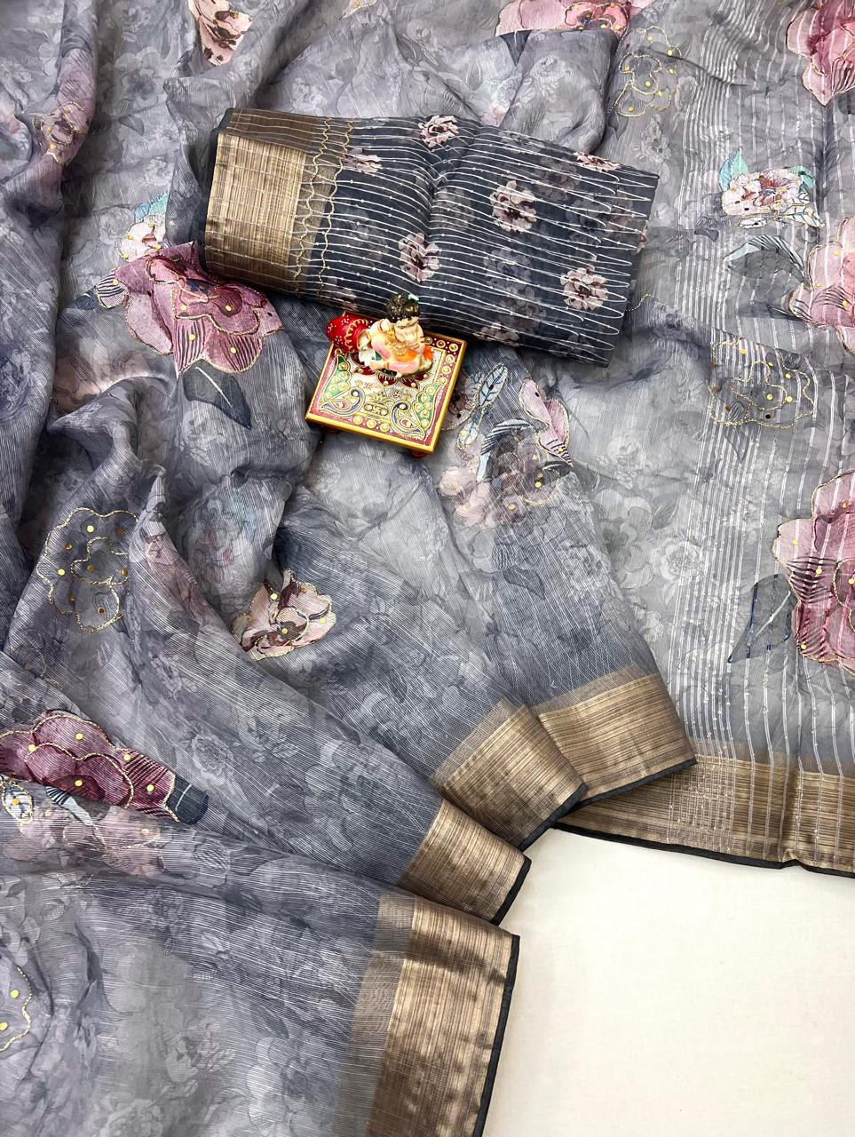 Grey Petal Digital Print Organza Cotton Silk Saree