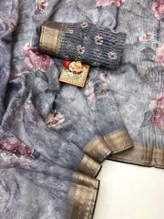 Grey Petal Digital Print Organza Cotton Silk Saree - Gray / Grey