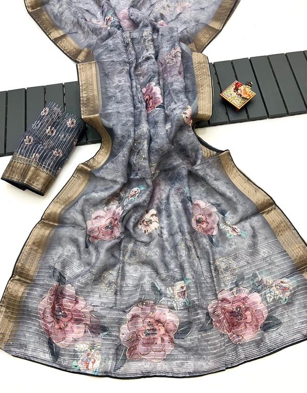 Grey Petal Digital Print Organza Cotton Silk Saree