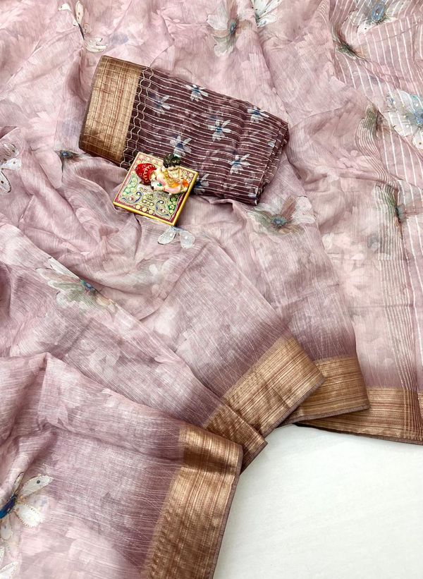 Blush Pink Bloom Organza Cotton Silk Festive Saree