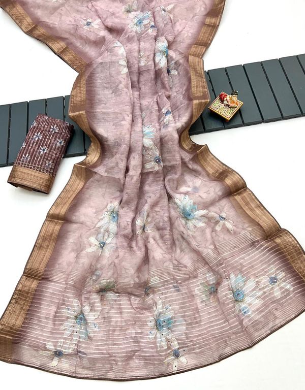 Blush Pink Bloom Organza Cotton Silk Festive Saree